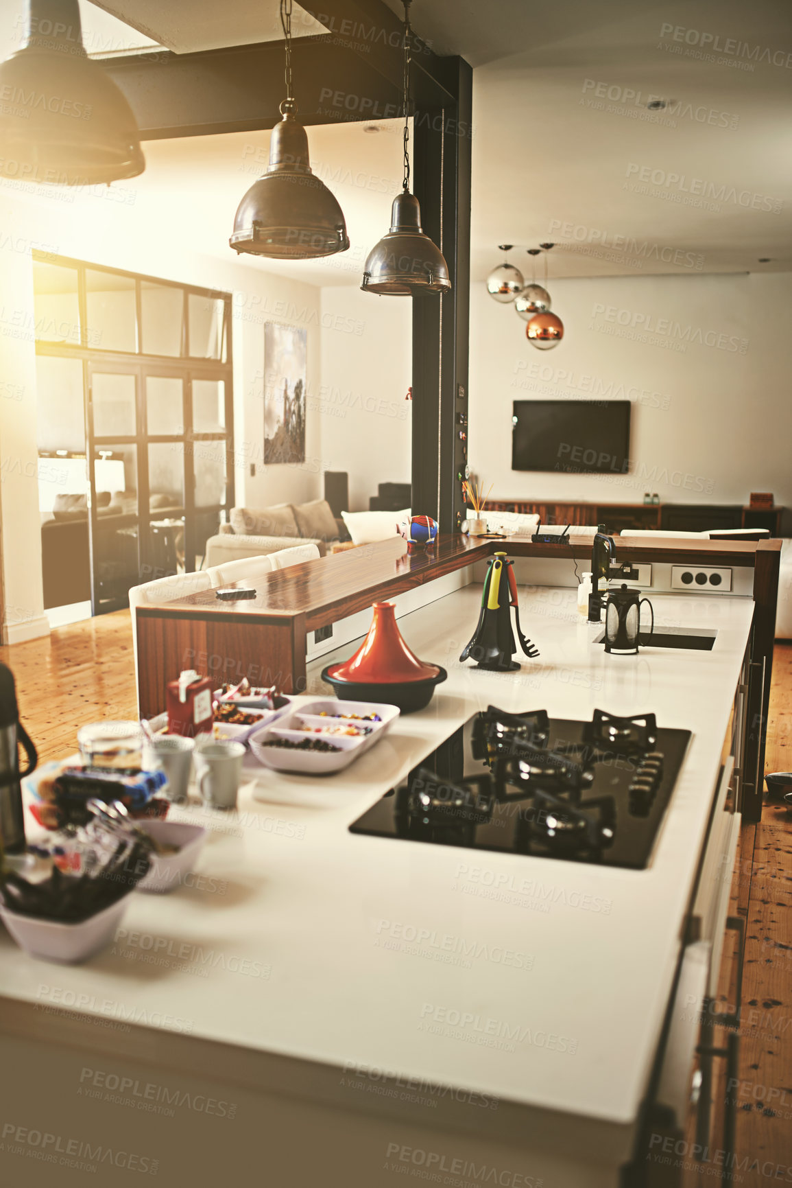Buy stock photo Kitchen, empty room and open plan interior design with real estate apartment for new home, furniture or hardwood floor. House, stove and property in New York for modern living, lounge or appliance