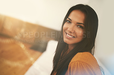 Buy stock photo Living room, portrait and woman with smile on couch to relax in home with lens flare in morning. Girl, female person and happiness for break on weekend to rest on sofa in lounge of apartment