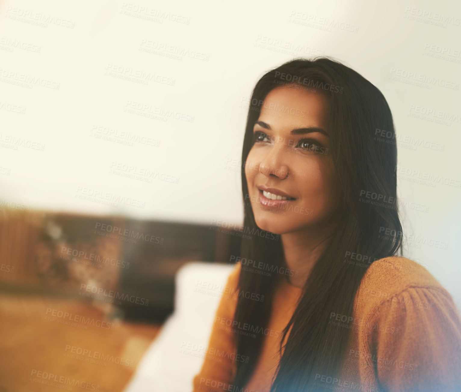 Buy stock photo Woman, relax and thinking on couch in living room for wellness, comfort and smile in home. Happiness, lens flare and face of female person on sofa for calm, weekend off and peaceful day in apartment