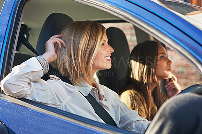 Buy stock photo Car road trip, travel and friends smile, happy and on street journey, adventure or waiting in outdoor city traffic. Automobile transportation, relax driver and people driving in mobile vehicle