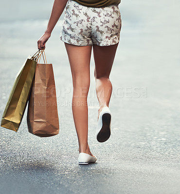 Buy stock photo Shopping bag, street or legs of woman, walking and travel on urban city road after Black Friday discount. Retail, boutique fashion gift or back of customer with mall store purchase on concrete ground
