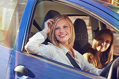Buy stock photo Car, travel and friends smile, happy and on urban city journey, transport or street road trip in motor vehicle. Automobile transportation, driver happiness and driving woman looking at window view