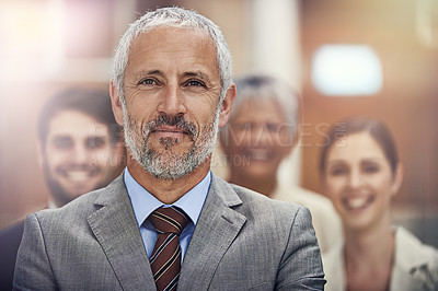 Buy stock photo Leadership, business or senior man portrait with group in court for collaboration, teamwork or support. Face, pride or old lawyer with paralegal team at law firm for startup, about us or career goals
