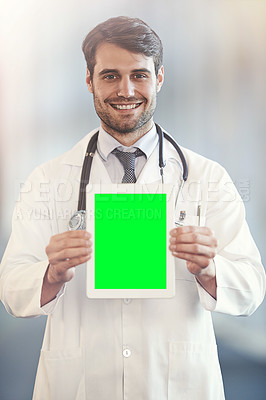 Buy stock photo Doctor, smile and portrait with tablet and stethoscope for marketing, healthcare and advertising for present or advice for info on screen. Young person with presentation for online internet and medic