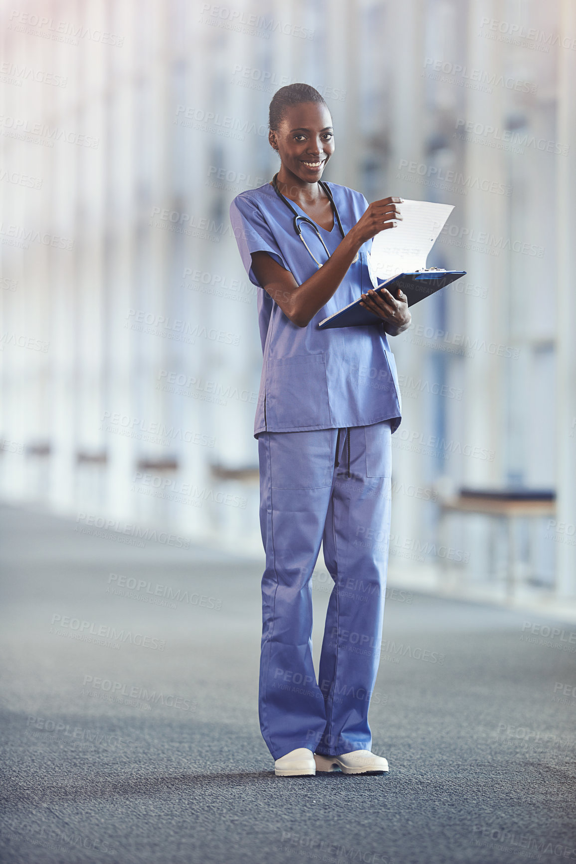 Buy stock photo Portrait, nurse and smile of black woman with checklist in hospital for healthcare or reading in Kenya. Happy, medical professional and surgeon with document, expert and doctor in clinic with mockup