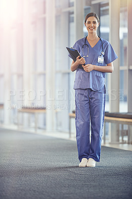 Buy stock photo Female nurse, portrait and stethoscope with chart at the hospital for  results or details for surgeon. Clipboard, nursing and healthcare at a medical centre with smile in the hallway with notes.
