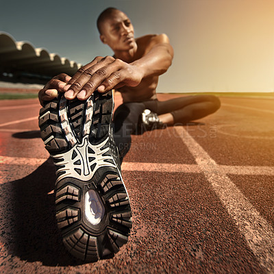 Buy stock photo Man, face and stretching leg on ground, outdoors and fitness for health, sports and performance. Black male person, athlete and warmup on track, workout and commitment or ready, train and cardio