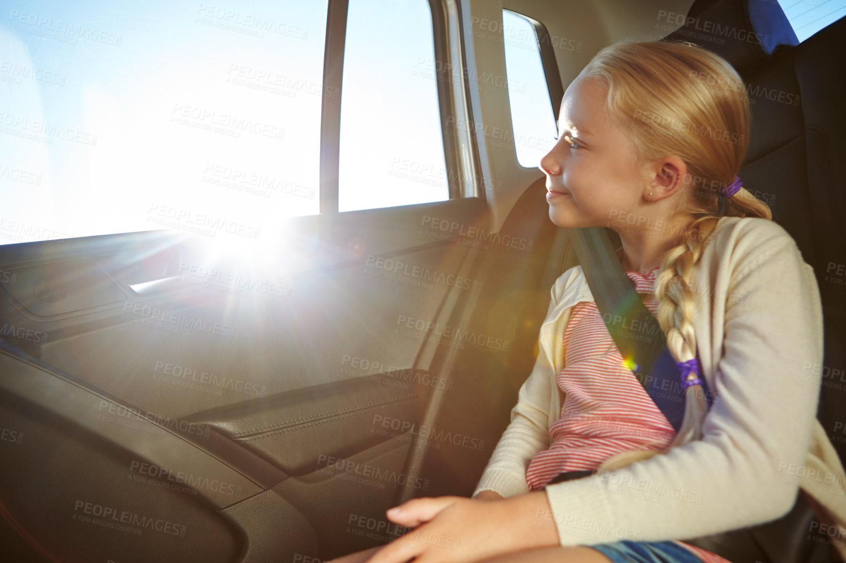 Buy stock photo Road trip, window and child in car with smile, adventure or journey for vacation. Idea, reflection and girl with memory in vehicle for summer holiday, transport and travel with flare for daydreaming