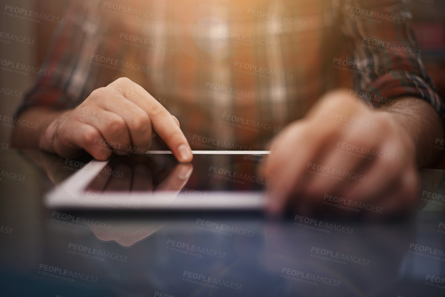 Buy stock photo Person, hands and mockup with tablet screen for research, communication or networking at home. Closeup of creative employee working on technology or display for online search, app or startup at house