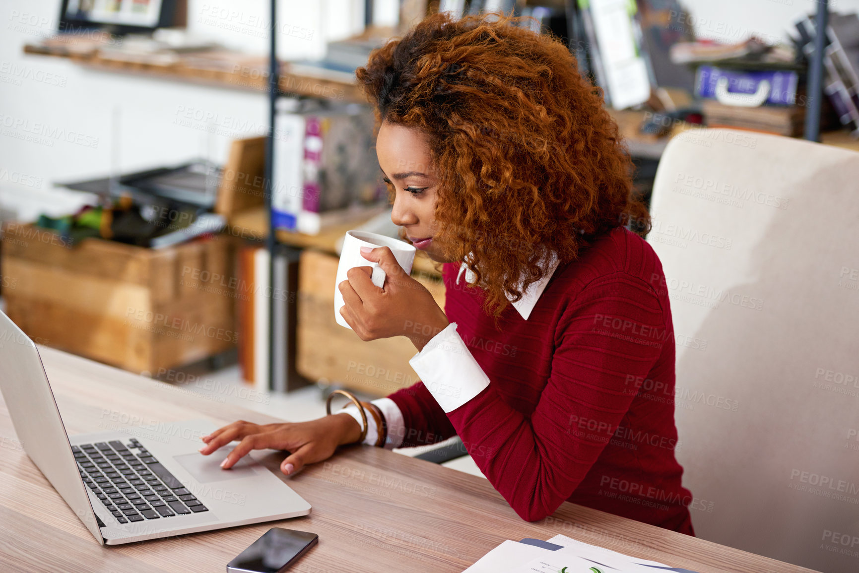 Buy stock photo African woman, coffee and business with laptop for research, company audit and accountant with digital. Career, female person and auditor in office for reading report, drink tea and financial review