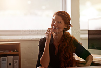 Buy stock photo Woman, office and think with smile for company idea, vision and growth with future in startup business. Female person, entrepreneur and happy at desk with computer at work as hr manager of corporate 