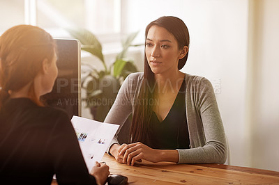 Buy stock photo Interview, discussion and business women in office in conversation, talking and planning at desk. Communication, partnership and female workers with document for recruitment, hiring and collaboration