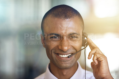 Buy stock photo Call center, portrait and happy man in virtual communication, business support and e commerce helping. Face of IT agent, advisor or african person smile for telecom, customer service or client advice