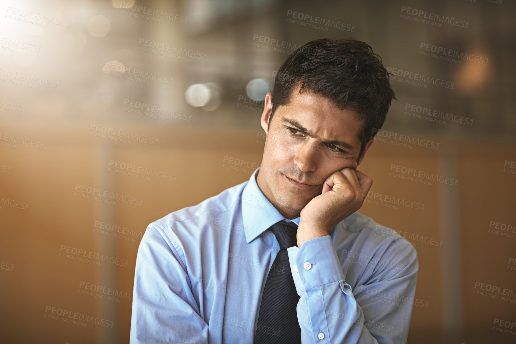 Buy stock photo Confused, business man and thinking in office for case insight, legal solution and brainstorming. Space, bokeh and lawyer with problem solving at law firm for trial justice, ruling decision and flare