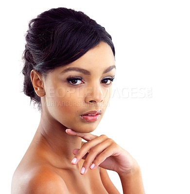 Buy stock photo Makeup, skincare and portrait of woman with mockup, natural beauty and luxury cosmetics in studio. Dermatology, facial care and girl with confidence, shine and healthy skin on white background space.