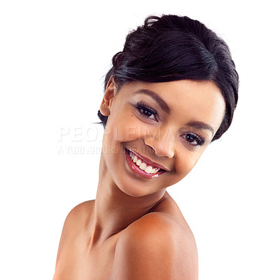 Buy stock photo Cosmetics, skincare and portrait of happy woman in studio with natural beauty, glow and luxury makeup. Dermatology, facial care and girl with confidence, shine and healthy skin on white background.