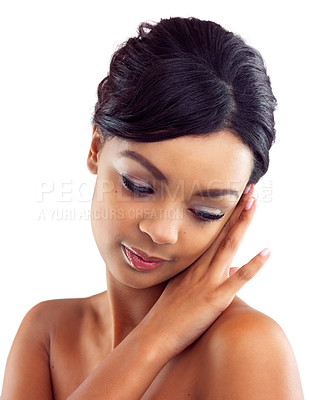 Buy stock photo Black girl, makeup and calm in studio with closeup for beauty with eyelashes, cosmetics and glowing lips for self care or confidence. Woman, isolated and white background with dermatology or glamour