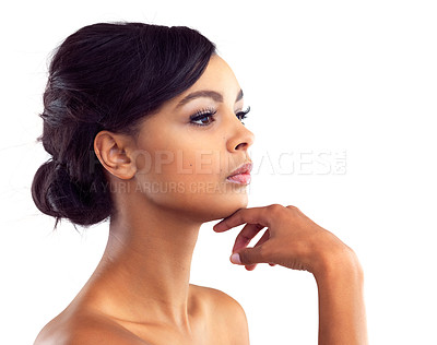 Buy stock photo Girl, makeup and thinking in studio for beauty with eye lashes, cosmetics and glowing lips for self care or confidence. Woman, isolated and white background with dermatology, glamour and shine.