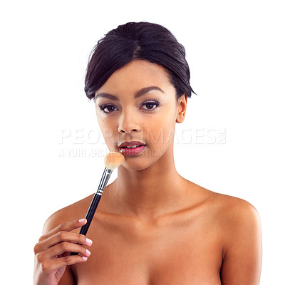 Buy stock photo African woman, powder or beauty with facial in studio for makeup, eyeliner or cosmetic with brush. Female person, aesthetic or white background with confidence in portrait, lipstick or transformation