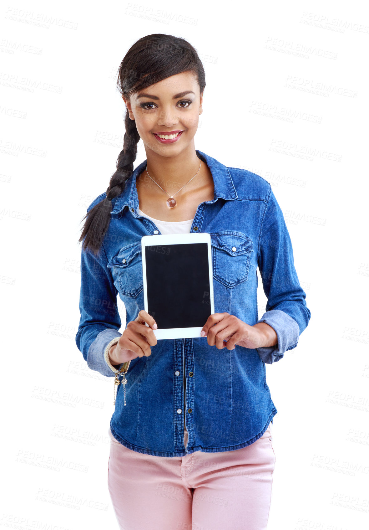 Buy stock photo Studio shot of a young woman showing you a digital tablet isolated on white