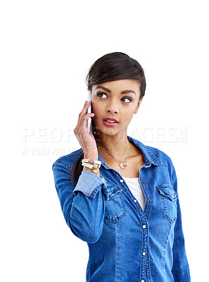 Buy stock photo Phone call, gossip and girl listen in studio for communication, contact and conversation. News, drama and isolated woman on cellphone for talking, networking and chat online on white background