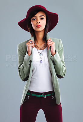 Buy stock photo Woman. fashion and portrait with y2k style and chic clothes in a studio with confidence. Trendy, clothing and young designer student from Houston with smart casual outfit and grey background