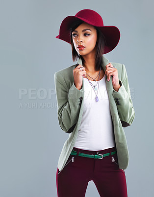 Buy stock photo Woman, fashion and thinking with vintage style and chic clothes in a studio with confidence. Trendy, clothing and young designer student from Houston with smart casual outfit and grey background