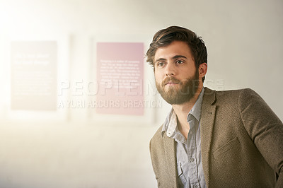 Buy stock photo Business man, thinking and vision in office for solution to challenge, decision and commercial trend. Sales manager, planning and idea in workplace for company goals, strategy and corporate target