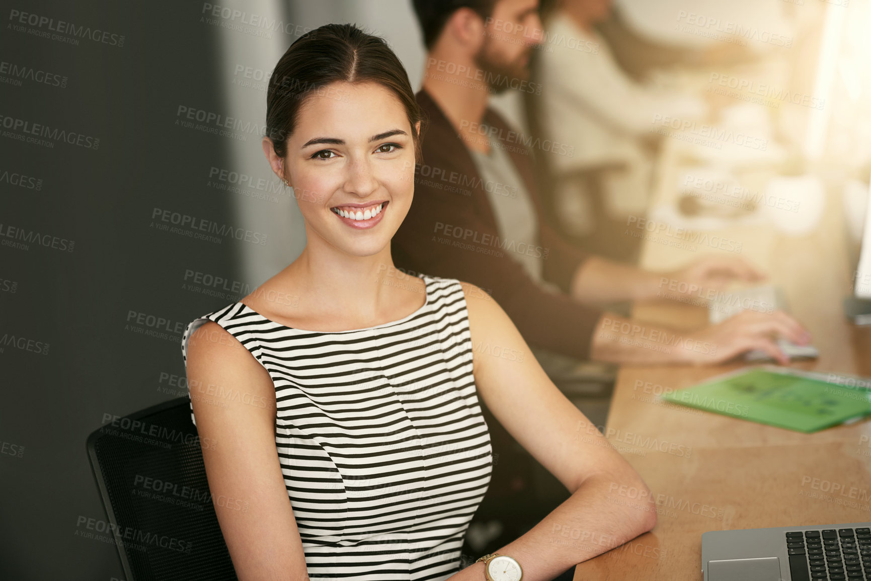 Buy stock photo Small business, businesswoman and portrait in coworking project for design, office and smile at computer. Web designers, desk and face in workplace for startup, pride and confidence with technology