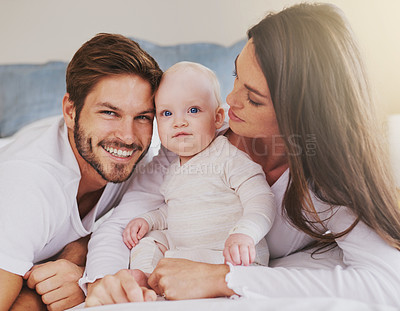 Buy stock photo Happy father, mother and baby for love, care and quality time to relax together in family home. Mom, dad and parents with cute infant kid for happiness, support and newborn development