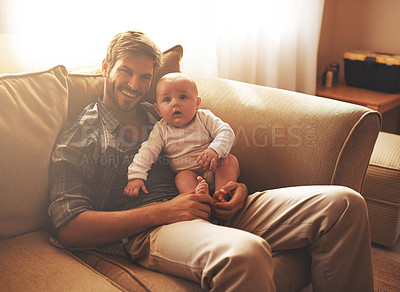 Buy stock photo Family, portrait and father with baby on sofa for bonding, relationship and care for parenting. Happy, home and dad with newborn infant for child development, support and affection in living room