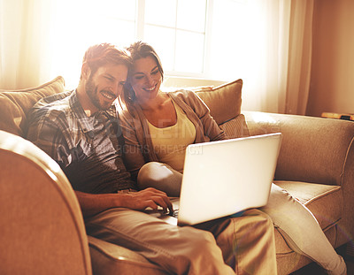 Buy stock photo Love, relax and couple on sofa with laptop for watching movies, entertainment and streaming in living room. Marriage, happy and man and woman on computer for internet, website and online film in home