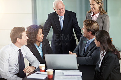 Buy stock photo Corporate, ceo with funny joke in business meeting and in office sitting at desk with laptop. communication or planning, cooperation and teamwork or collaboration laughing with coworkers at work