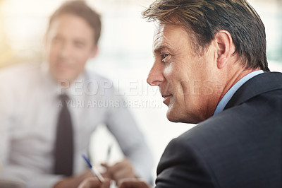 Buy stock photo Business, man and staff in a meeting, planning and decision for development, growth and opportunity. Male person, employee or leader with teamwork, group or brainstorming for startup success and talk