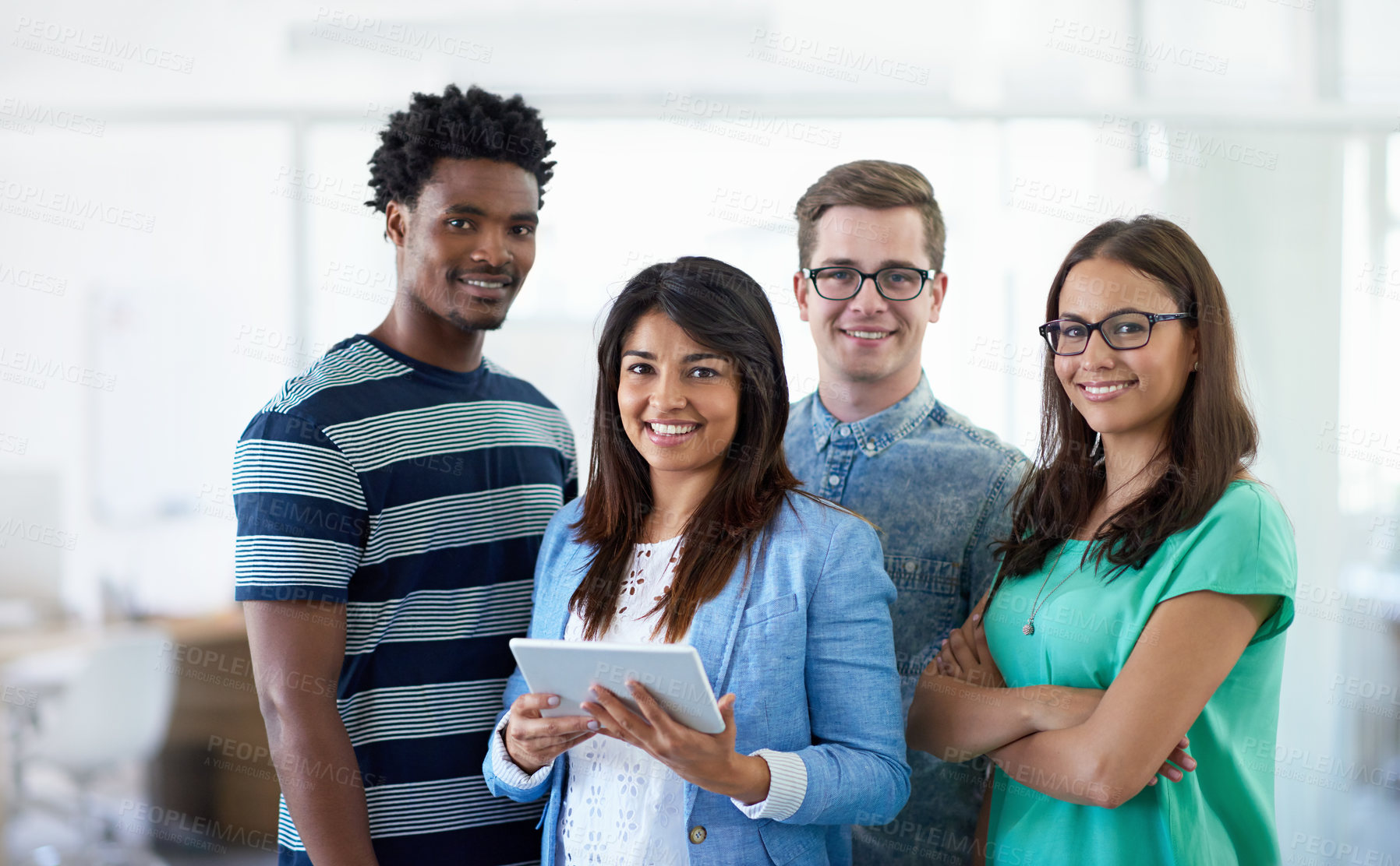 Buy stock photo Cropped portrait of three coworkers standing in the office