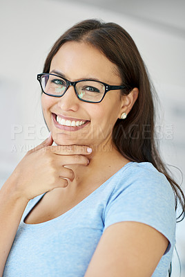 Buy stock photo Cropped shot of a smiling young businesswoman in her office