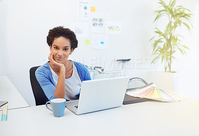 Buy stock photo Cropped portrait of a young architect working on her laptop