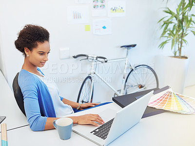 Buy stock photo Business, architecture and woman in office, laptop and email with positive review, internet and feedback. Person, employee and consultant with renovation project, computer for research and creativity