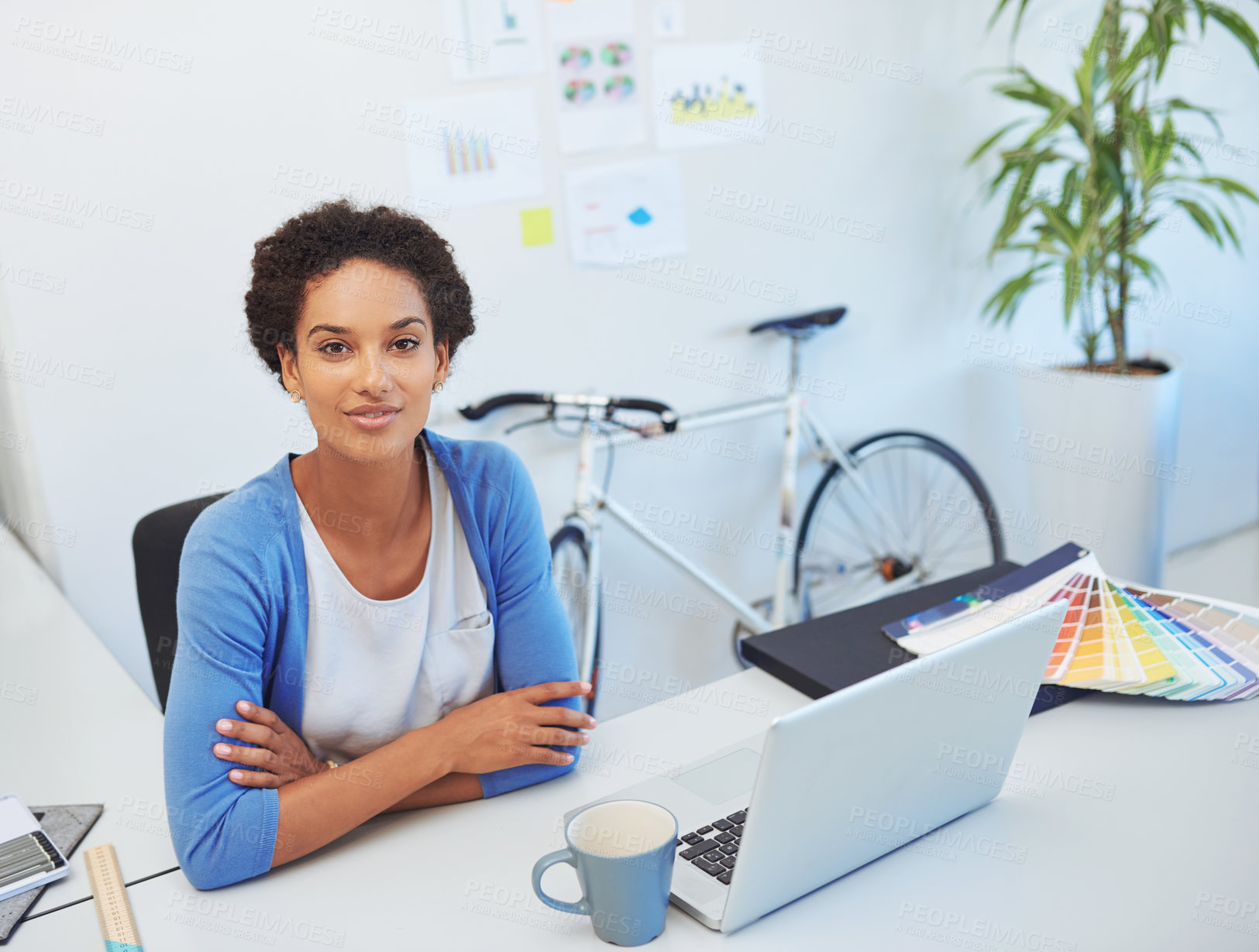 Buy stock photo Designer, laptop and portrait of business woman in office for digital marketing at advertising agency. Creative, startup and person on computer with palette for design project, website and planning