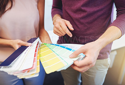 Buy stock photo Cropped shot of two unrecognizable designers looking at a color swatch
