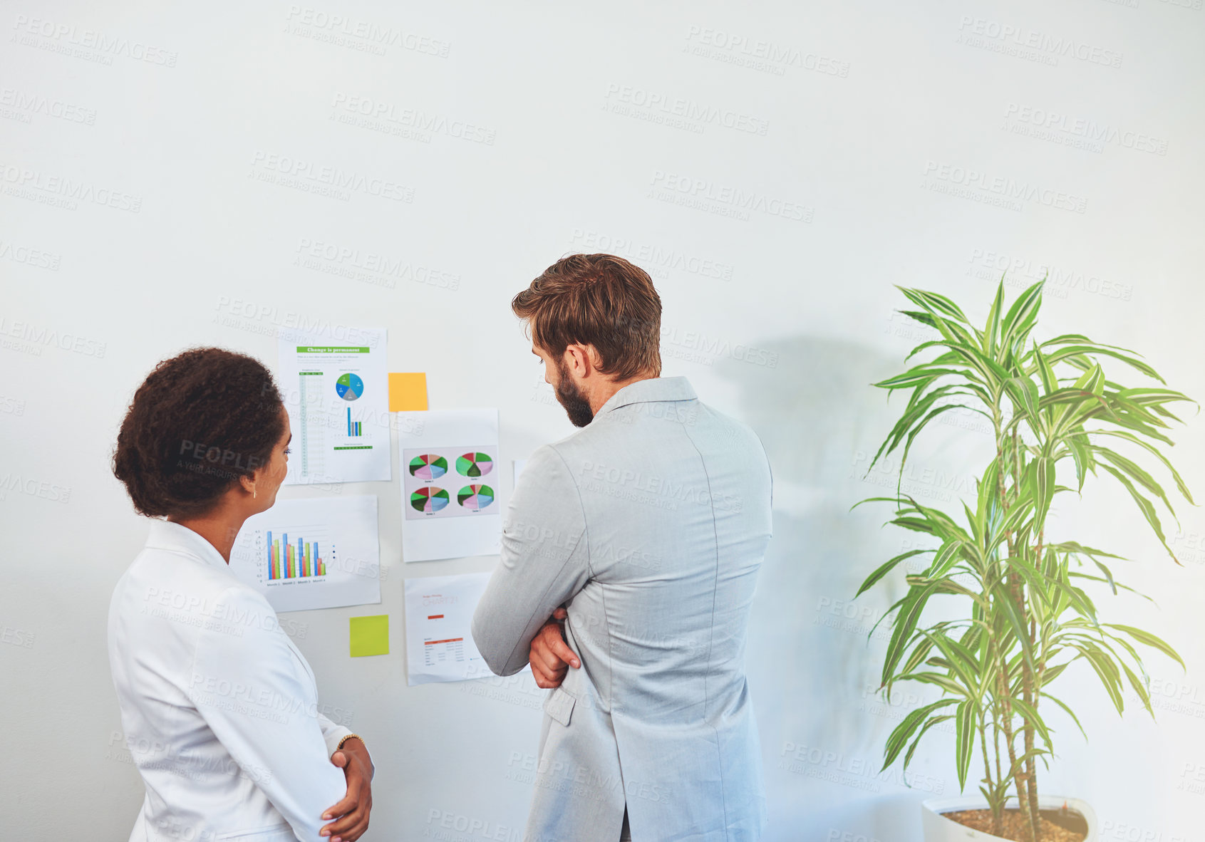 Buy stock photo Rearview shot of two designers looking at plans on a wall