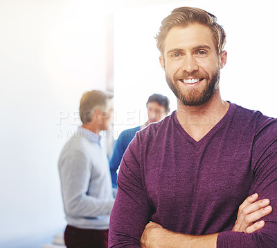 Buy stock photo Cropped portrait of a young businessman standing in an office