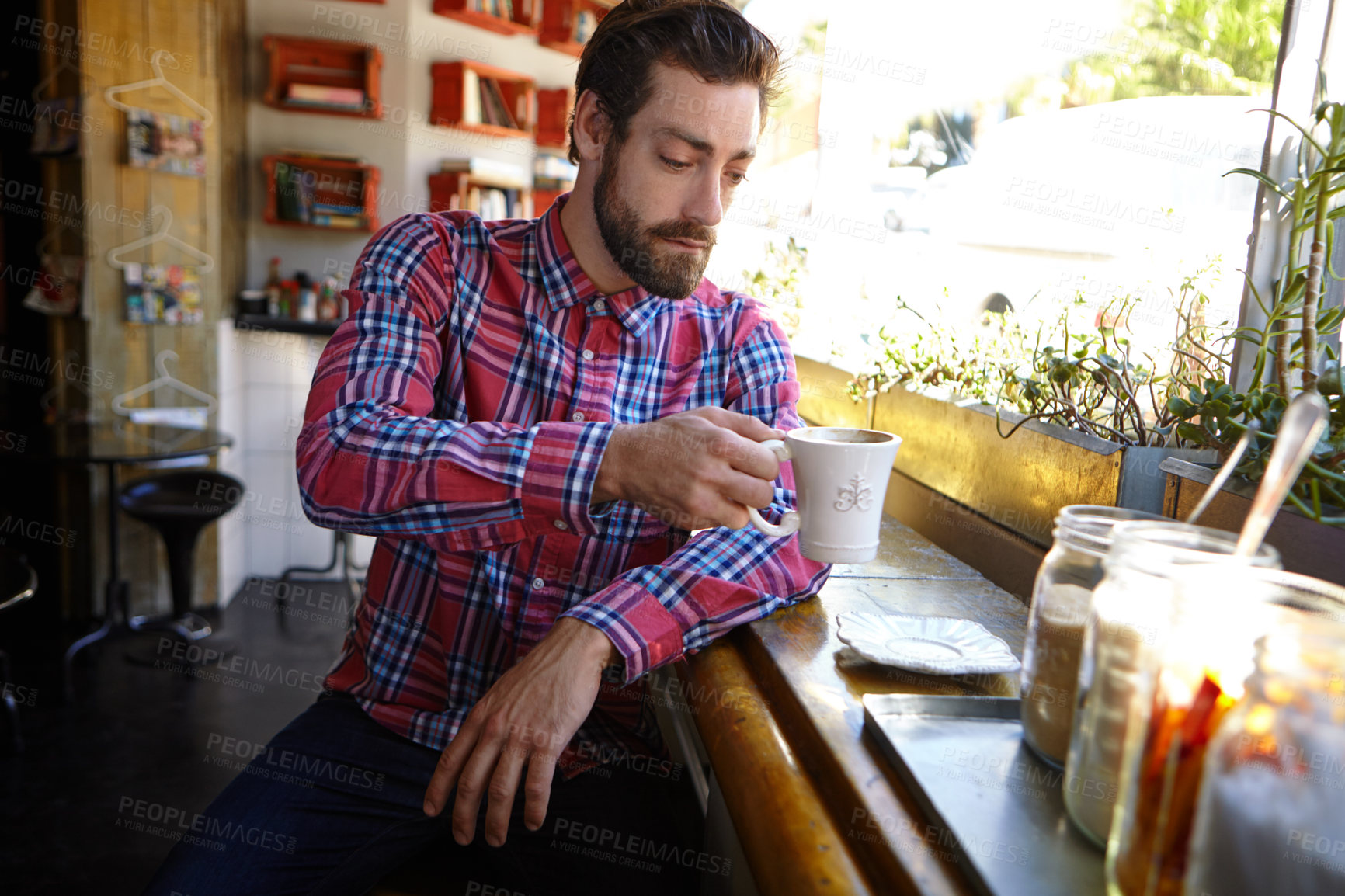 Buy stock photo Man, coffee and thinking in cafe for reflection, drink and relax with inspiration at restaurant. Serious, person and cup with insight, decision and perspective with warm beverage at diner or bistro