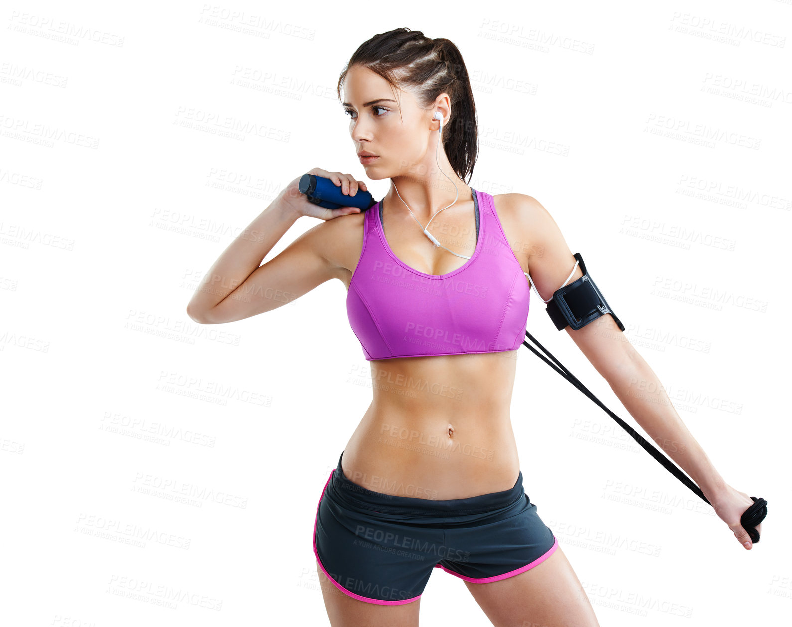 Buy stock photo Woman, skipping rope and exercise workout in studio with earphones for music playlist, thinking or white background. Female person, mockup and training confidence for gym fitness, cardio or streaming