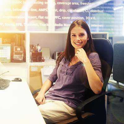 Buy stock photo Happy woman, worker and lens flare in a office with employee and business consultant in a workplace. Desk, working and female professional at a company with staff and entrepreneur with smile at job