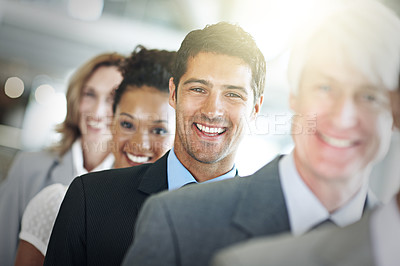 Buy stock photo Happy businessman, portrait and face in leadership, management or diversity at the office. Confident corporate man executive, team or diverse group in teamwork, unity or company vision at workplace