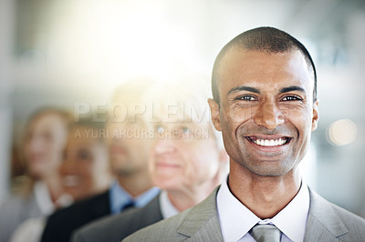 Buy stock photo Happy businessman, portrait and face in management, leadership or diversity at office. Confident corporate man executive with smile in diverse group, teamwork or unity for company vision at workplace