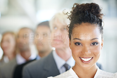 Buy stock photo Happy business woman, portrait and leadership in management, teamwork or diversity at office. Face of corporate female leader smiling with diverse group, team or unity for company vision or growth