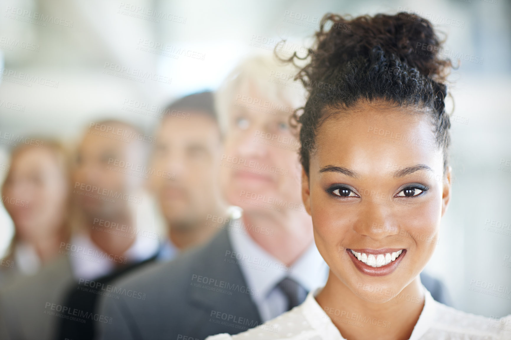 Buy stock photo Happy business woman, portrait and leadership in management, teamwork or diversity at office. Face of corporate female leader smiling with diverse group, team or unity for company vision or growth