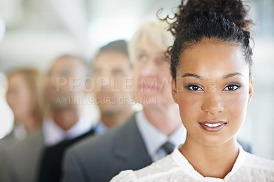 Buy stock photo Business woman, face and portrait of leader in management, leadership or diversity at the office. Corporate female person or boss in diverse group, team with unity for company growth at workplace